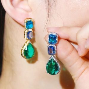 3-tier Luxury Long Dangle Tear Drop Earrings Big Gem Crystals Diamond Round Halo